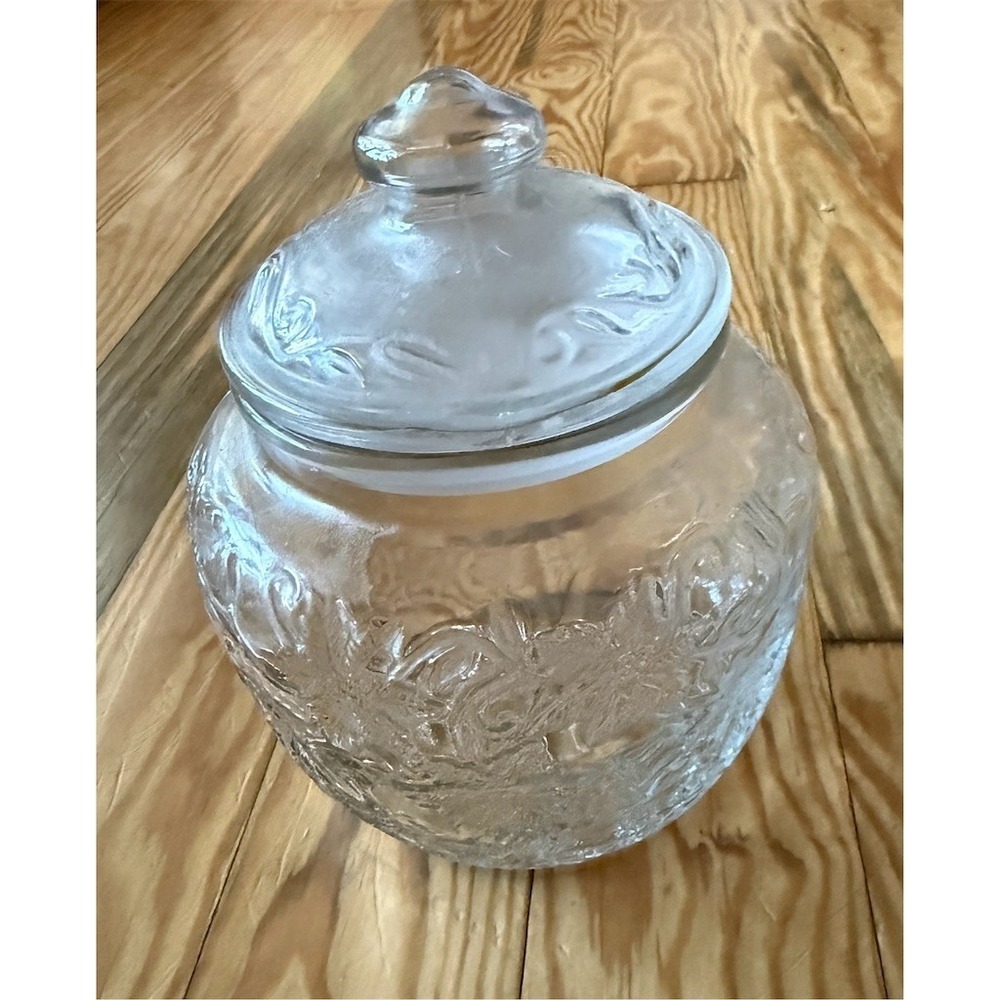 Princess House Fantasia Poinsettia Glass Canister Jar w/ Lid Clear 6" retired